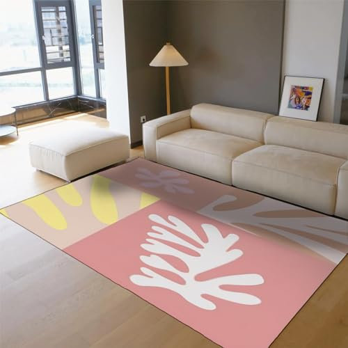 LANDERSION Abstrakte Pflanze Blätter Großer Outdoor-Teppich 120x170cm - Farbverlauf Rosa Quadrate Waschbarer Terrassenteppich Moderne stilvolle Wohnkultur Eingangsteppiche Indoor