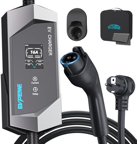 EVPEIWE EV Chargeur Type 1 Câble de Charge Schuko {3.68kW 16A 5M}, Portable EVSE et Station de Charge avec LCD Écran, Courant Commutable 6-16A pour Voitures Électriques SAE J1772(Outlander is exclude)