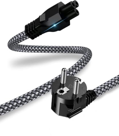 Goalfish Netzkabel 3 Polig Schutzkontakt Typ F 90°auf C5 Buchse 2,0m, Grau | Stromkabel Kaltgerätekabel mit VDE, Nylon-Geflecht, für TV Monitor PC Bildschirm Laptop Notebook Netzteil E-Scooter und mehr