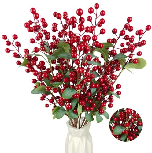 NoriStyle 10 Pcs Long Christmas Red Berry Stems with Leaves for Christmas Tree Table Decorations, 21.65 Inches Artificial Christmas Holly Berry Stems for Vases Home Indoor Wreaths DIY Decor (Red)