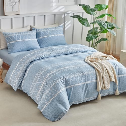 Tokokimo Parure de Lit 160 x 200 4 Pièces Housse de Couette 240x260 cm + Drap Housse 160x200 cm avec 2 Taies d'oreillers 65x65 cm en Microfibre, Design Bohémien, Bleu