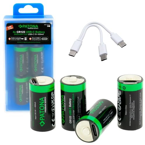 PATONA 4X USB-C Premium CR123A Akkus, 2400mWh 3,0V Batterie, wiederaufladbar, 1-zu-2 USB-C-Ladekabel – langlebig über 1.000 Ladezyklen für Kameras Fernbedienungen Taschenlampen