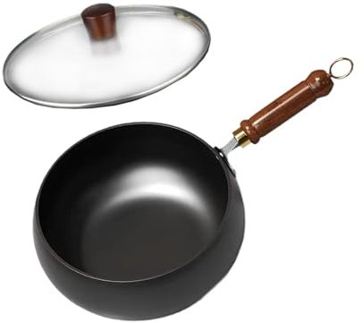 Milageto Wok Antiadherente para cocinar, Wok con Mango de Madera, Utensilios de Cocina a Gas, Cocina de Inducción, sartén China para Restaurante, Camping y, Tapa de Vidrio