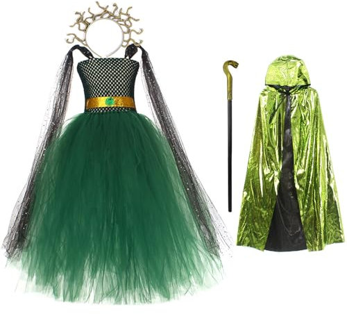 Claofoc Medusa Kostüm für Kinder 4 Stück Griechische Göttin Kostüm mit Kopfschmuck Zepter Umhang Halloween Cosplay Medusa Outfits für Party