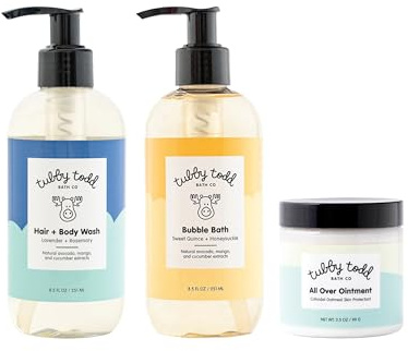 TUBBY TODD Essentials Baby Bath Gift Set – 8.5oz Hair+Body Wash, 8.5oz Bubble Bath & 3.5oz All Over Ointment