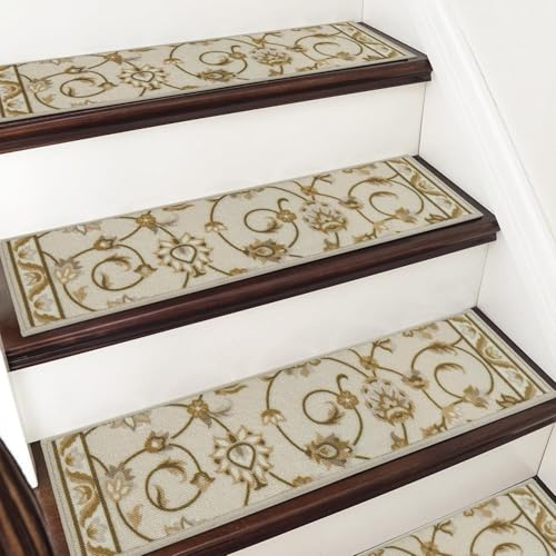 COSY HOMEER Lot de 15 tapis d'escalier, 70 x 22 cm, autocollants avec motif élégant, lavables en machine, 100 % polyester, dos en TPE, motif floral