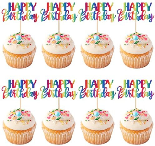 ZHUOWEISM 30 PCS Rainbow Happy Birthday Cupcake Toppers - Glitter Cupcake Picks for Celebrating Birthday & Anniversary Parties - Non-Edible Cake Decorations
