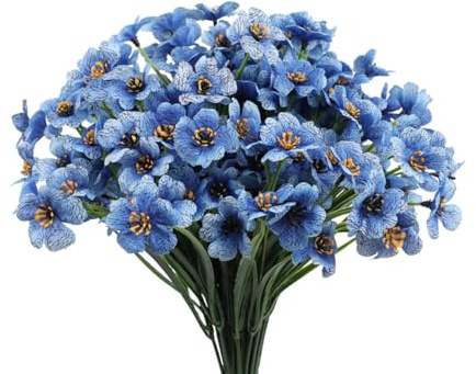 CLoxks 12 Bundles Blue Artificial Flowers Outdoor,UV Resistant Fake Flowers No Fade Faux Plants Arrangement for Indoor Outdoors Garden Porch Window Box Decor
