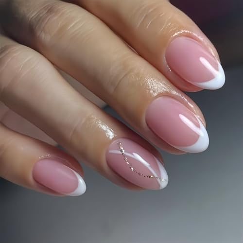 French Tip Short Almond Press on Nails - 24Pcs Full Cover Pink Design - Soft Gel Cute Reusable Acrylic