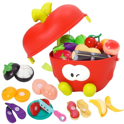 33PCS Cutting Play Food Toy for Kids,Kitchen Pretend Play Set for Toddlers with Plastic Fruit,Egetables,Storage Basket,Mini Dishes and Knife,Fake Food,Educational Learning Toys,Gift for Boys Girls