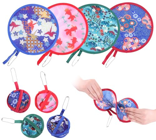 HotoPink 4 Pcs Foldable Fan, Round Japanese Style Handheld Folding Fan, Portable Fans with Japanese Style Patterns, Folding Handheld Fan for Party Favors, Wedding, Cooling, Outdoor Games