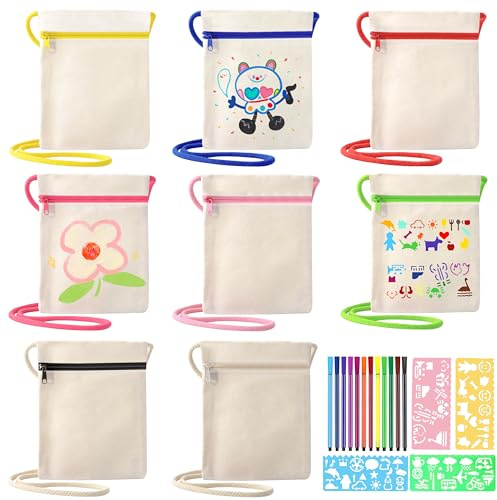 Qzakce Bolsas de Tela en Blanco Bolsa de Pintura con Cremallera 8 Piezas Bolsa para Pintar con 12 Lápices Colores y 4 Plantillas Dibujo para Graffiti Fiestas de Cumpleaños Infantiles Escolares