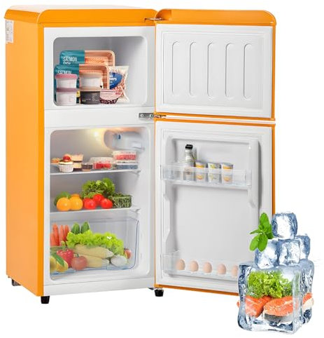 Combinación frigorífico-congelador retro: Dos puertas, 86,8 cm de alto, 45,5 cm de ancho, 60 litros de volumen total,Yellow