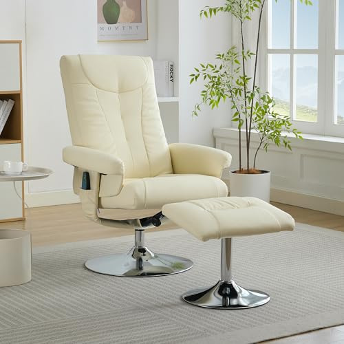 Crlnaup 024 Sillón de relax reclinable con masaje de 5 puntos, sillón de televisión con calefacción eléctrica y taburete, giratorio 360°, tejido de poliuretano beige