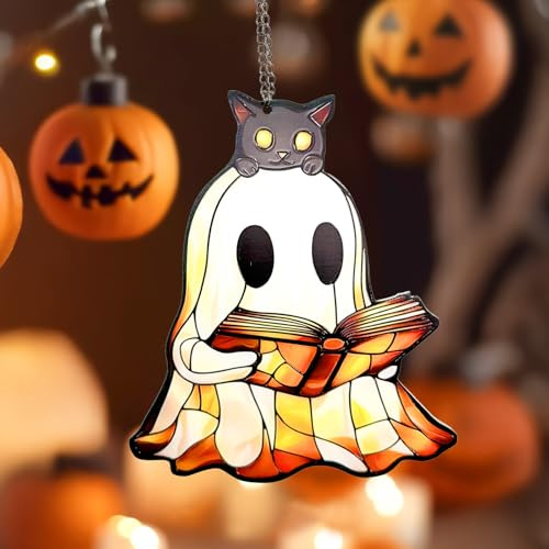 Halloween Reading Ghost Suncatchers with Black Cat, Spooky Window Hanging Halloween Decor, Funny Cute Gothic Sun Catcher Books Lover Gift