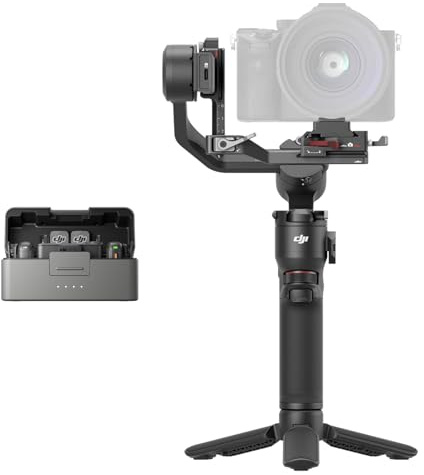 DJI RS 3 Mini + DJI Mic 3 (2 TX + 1 RX + Boîtier de recharge), nacelle de caméra, micro sans fil pour iPhone/caméra/Android, contrôle de gain adaptatif, charge rapide