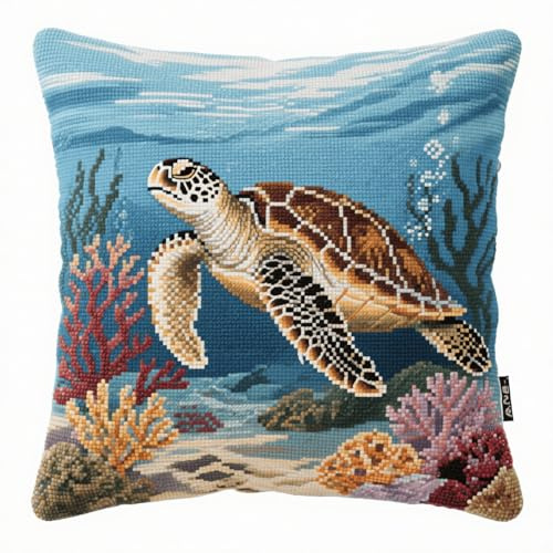 Henypt Kit de Almohadones con Cierre de Gancho Tortuga animal Kit De Cojines De Pestillo 43X43cm Funda de Cojín para Sofá, Latch Hook Manualidades Kits