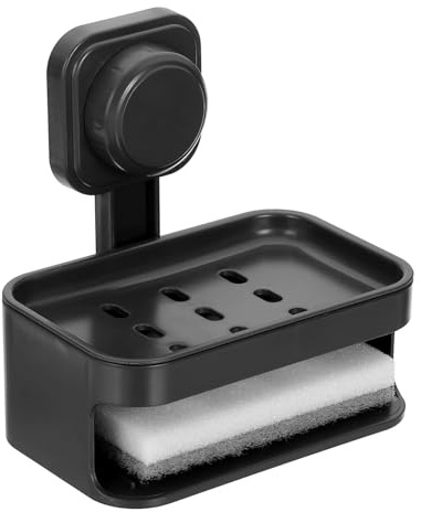 QUARKZMAN 1 Pzs Portajabón con Ventosa, Portajabón De Pared Montado con Doble Barra Extraíble Y Reutilizable Sin Perforación para Ducha Portaesponja para Baño Cocina Negro