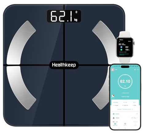 Healthkeep - Báscula conectada con Bluetooth (13 análisis de la composición corporal, incluye capacidad de 180 kg/400 lb, 28 x 28 cm
