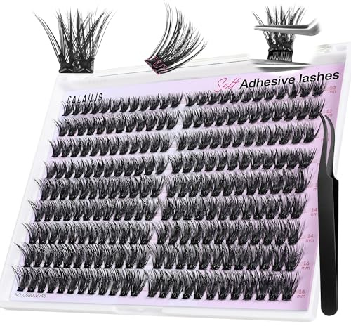 CALAILIS Selbstklebende Wimpern Extensions, 216 Pcs D Curl Wispy Wimpern Selbstklebend Press on Lashes No Glue Needed Pre Kleber Wimperns Mit Pinzette (M02)