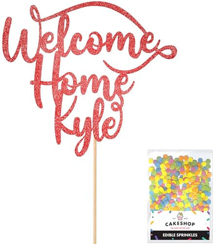 Cakeshop Personalised Welcome Home Glitter Cake Topper With Sprinkles - Red Custom Colour - Any Name - Double-Sided Glitter Card Cake Decoration - Custom Toppers for Cakes