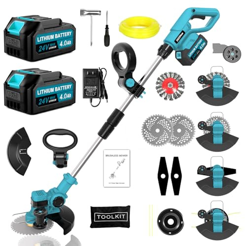 Rasentrimmer Mit Akku Für Makita Rasentrimmer, 4 in 1 Akku Rasentrimmer Mit 2 Akku Und 4 Arten Klingen, 21V Akku Freischneider Mit Seitlichen RäDern FüR Einfaches Trimmen Der Kanten.