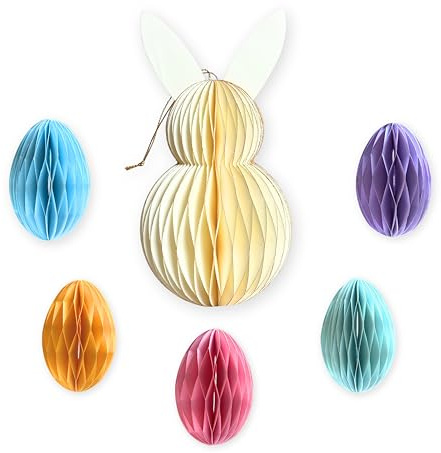 LowCarbonLife 6-teiliges Osterdeko Set – Wabenpapier Osterhase Cremeweiß (20cm) & 5 Ostereier zum Aufhängen (7 cm) – Frühlingsdeko Innen, Osterdeko Modern, Osterstrauch, Tischdeko & Fenster