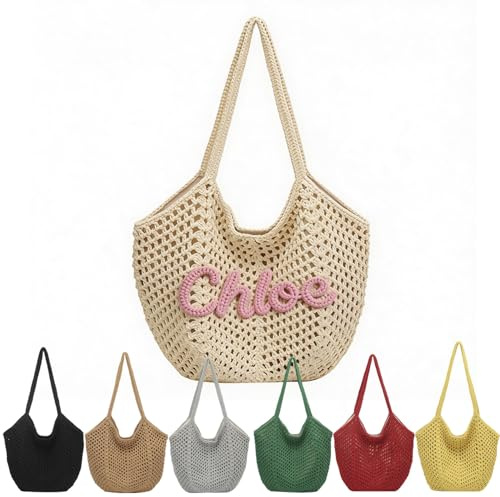 ART LUNIC Personalisierte Häkel-Strandtasche Mit Namen - Große Handgefertigte Tragetasche For Damen - Boho Sommertasche For Urlaub, Strand & Pool - Individuelles Geschenk For Frauen
