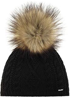 Eisbär Mütze Damen Nelia Lux Schwarz - Merino Bommelmütze für Frauen - mit Fleece Futter schützt vor Kälte und Wind - Strickmütze mit Zopfmuster und Kunstfell-Pompon Haube aus Österreich