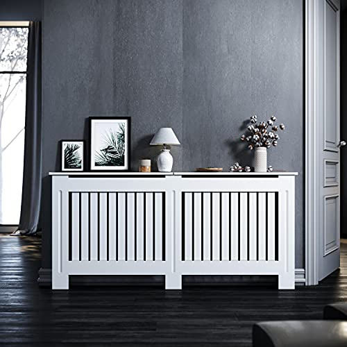 ELEGANT Heizkörperverkleidung, 172x19x81.5cm, Lackiert, Vertikal Lamell, Weiß | Heizkörperabdeckung, Heizkörperschutz, Schrank Heizkörper Abdeckung für Wohnzimmer, Schlafzimmer, Küche, Modern, Holz
