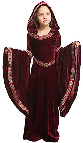 Feynman Kinder Mädchen Mittelalter Kostüm mittelalterlichen Renaissance Adels Palast Prinzessin Kleid Halloween viktorianischen Königin Kostüm Weinrot M