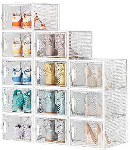 SIMPDIY 12 pcs Scatole per Scarpe,Scatole Portascarpe in Plastica Trasparenti impilabili, Contenitori Portascarpe con Coperchi per donna/uomo (33.2x25x18.7cm)