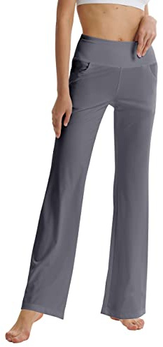 LaiEr Pantalones de Yoga de Corte de Bota para Mujer con Bolsillos de Cintura Alta Acampanados Bootleg Pantalones de Entrenamiento de Yoga con Bolsillos Laterales, Gris Claro, XXL