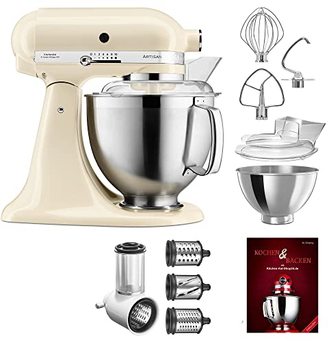 KitchenAid Küchenmaschine Artisan - P26 Starter Set 185er (GemüsNeu) - 5KSM185PSEPH inkl. Gemüseschneider (5KSMVSA) und Kochbuch (Kochen & Backen) (creme)