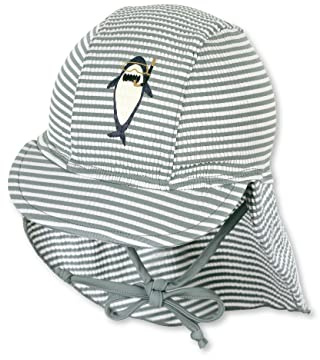 Sterntaler Schirmmütze Hai – UV-Schutz 50+ Baby Mütze mit Nackenschutz & Bindeband – Sonnenmütze aus Seersucker mit Hai-Druck – Bademode für Schwimmbad und Strand, mattgrün, Größe 43