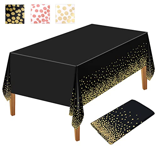 NEBURORA 1 Packung Schwarze und goldene Party Tischdecke Kunststoff Tischdecke 137 x 274 cm goldene Punkte Konfetti Einweg Tischdecke rechteckige PartyTischdecke für Picknick, Geburtstag