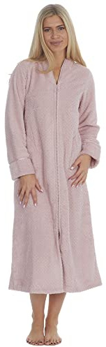 JACK NORTH Vestaglia da donna in pile extra lunga con cerniera | Vestaglia invernale super morbida e calda | Senza colletto | Comfort loungewear con texture a spina di pesce, rosa, M