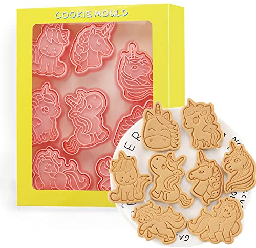 Tuxxzis Juego de 8 cortadores de galletas de unicornio 3D para hornear unicornio, regalos y suministros para fiestas de cumpleaños