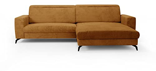 CAVADORE Ecksofa Bounce mit Cord-Bezug / L-Form-Sofa mit Longchair, Metallfüßen + Kopfteilverstellung / 290 x 88-108 x 178 / Breitcord, Gold-Gelb