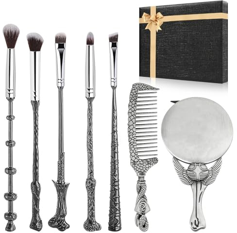 Harry Lot de 7 pinceaux de maquillage avec miroir argenté, peigne, baguette de magicien pour fond de teint, fard à paupières, correcteur de visage, contour des yeux, poudre liquide pour les yeux