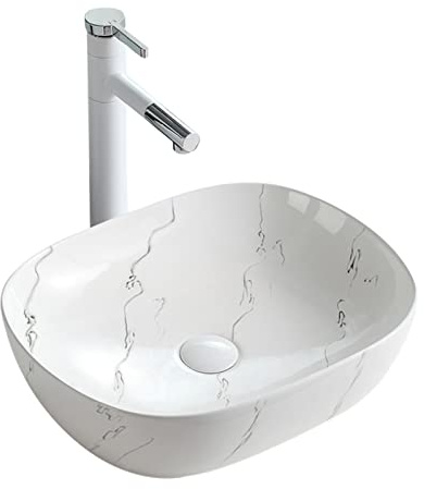 Lavabo Lave-Mains Vasque à Poser sur Le comptoir en céramique Petit évier Bol Moderne Vasque évier Artistique Blanc marbre Motif Salle de Bain vanité Bol avec Pop Up Drain Lavabo de Comptoir de Salle