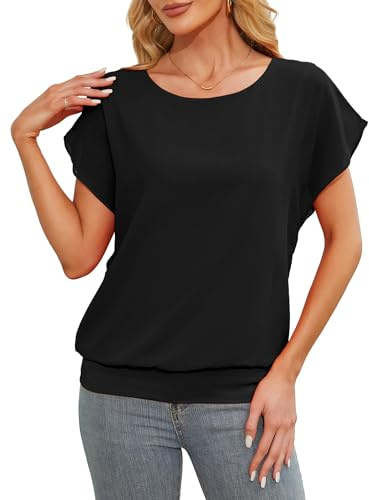 Anelune Damen Tops Sommer Locker Kurzarm Bluse Chiffon Elegante Leichte T-Shirts für Frauen Lässige Flowy Oberteile Schwarz XL