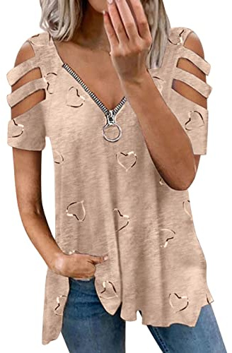 HOOUDO Frauen Lässige Herzdruck V-Ausschnitt Reißverschluss Kurze Ärmel Riemen Kalte Schulter Hemdbluse Lose Tunika Top Grüne Bluse Damen Elegant
