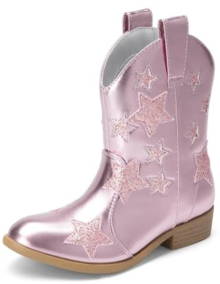 DREAM PAIRS Botas vaqueras de media pantorrilla con purpurina para niñas, botas vaqueras occidentales para niñas pequeñas, zapatos de equitación con estrellas, Rosa, 26 EU