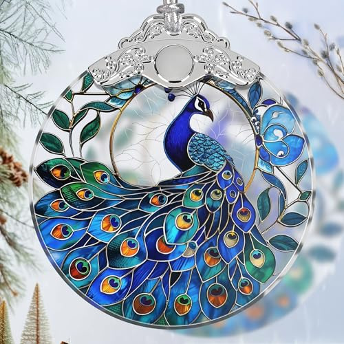 Buntglas-Sonnenfänger-Ornament – Pfau Weihnachtsschmuck – Weihnachtsschmuck für Baum – Urlaubsgeschenkideen – Geschenkaustausch