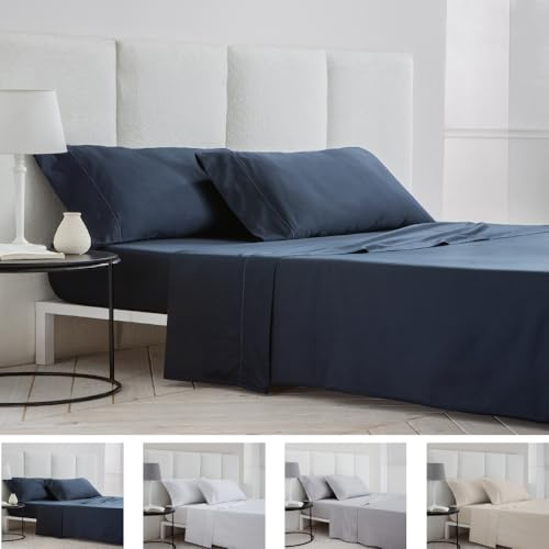 COTTON ARTean Juego sábanas Cama 150 Saten algodón 400 Hilos LOREA Azul | Incluye 4 piezas: encimera, bajera ajustable, 2 fundas de almohada. Certificado OEKO-TEX