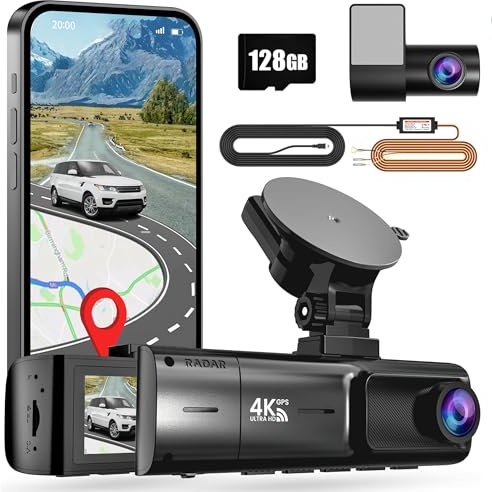 Yabdbg Dashcam Auto 4K/2K+1080P mit 128GB Karte und Hardwire Kit,True Radar Bewegungserkennung Sensing,360°Parküberwachung,5G WiFi GPS,APP Dash Cam Auto Kamera 3.18 IPS 170°,Nachtsicht