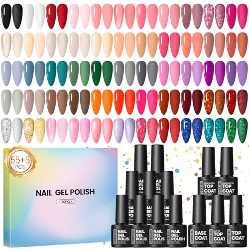 COSCELIA 60pcs Vernis Semi Permanent Paillettes Blanc Rose Rouge Marron, 55 Couleurs Vernis Semi Permanent Gel UV LED + 5 Base et Top Coat, Soak Off UV LED Vernis à Ongles pour Nail Art Manucure