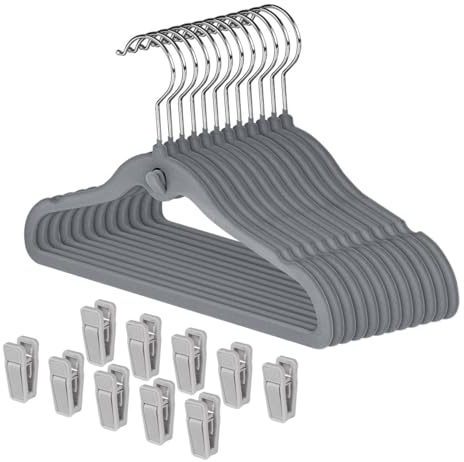 Kleiderbügel Grau Samt 30 Stück, Baby Kleiderbügel Samt, Kinderkleiderbügel mit 360° Drehbaren Haken und 10 Clip, für Kinder, Kinderkleidung, Babykleidung, 30x20,5cm