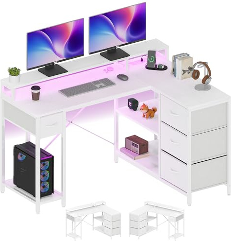 YITAHOME L Shaped Computer Desk with Drawers Power Outlet 140cm White